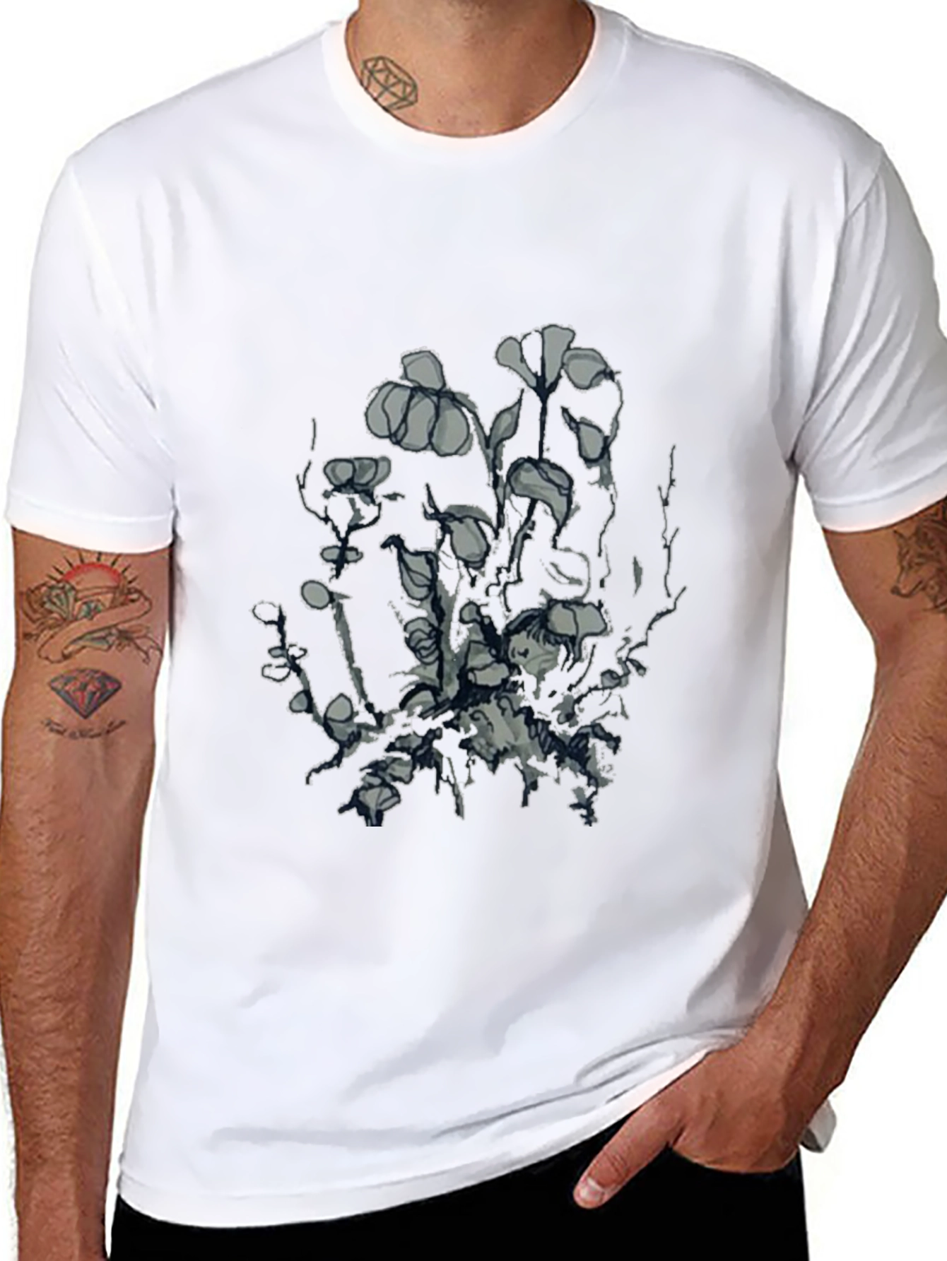 Mens Black Graphic Tee - Unique Floral Design