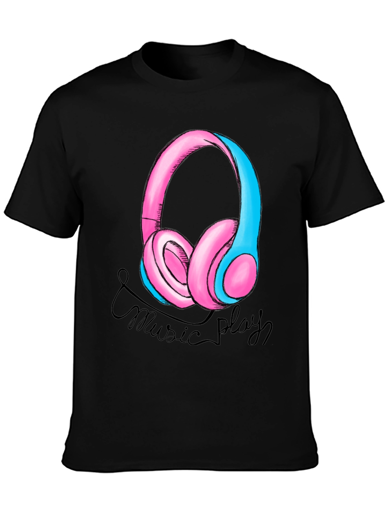 Music Play Headphones Graphic T-Shirt - Black