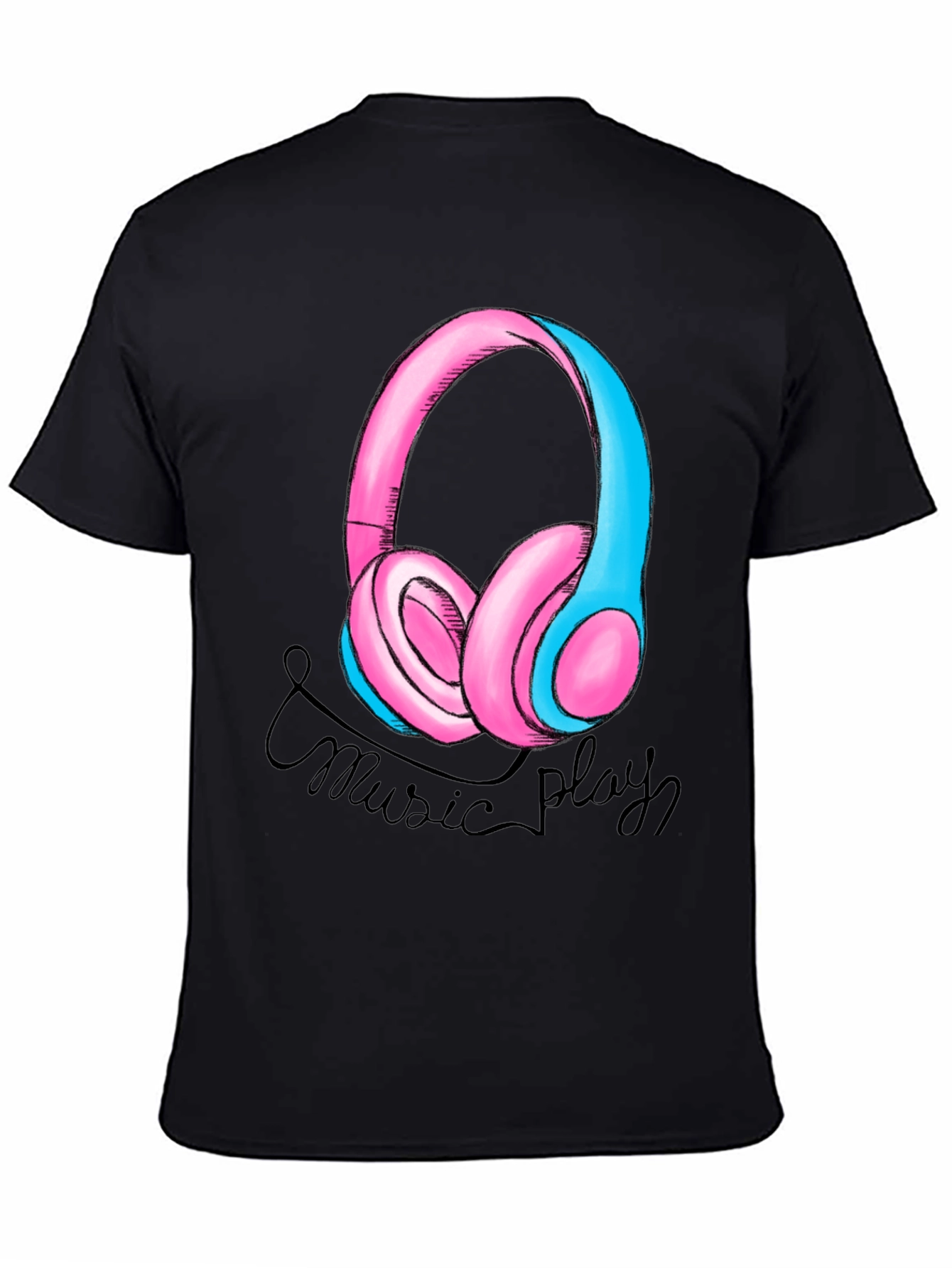 Music Play Headphones Graphic T-Shirt - Black