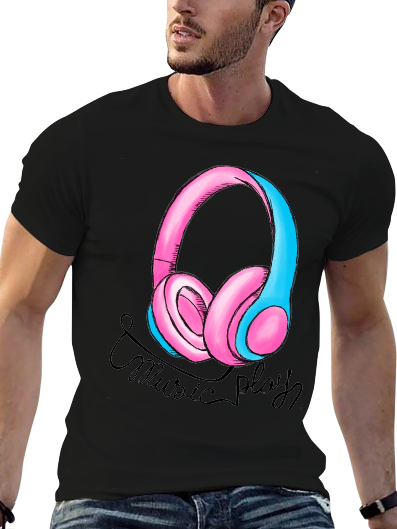 Music Play Headphones Graphic T-Shirt - Black
