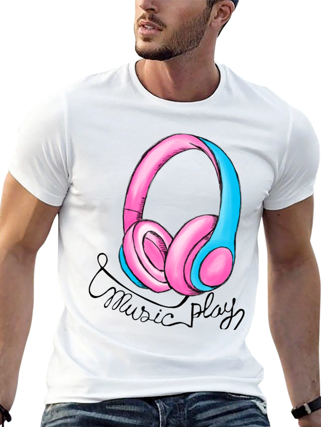 Music Play Headphones Graphic T-Shirt - Black