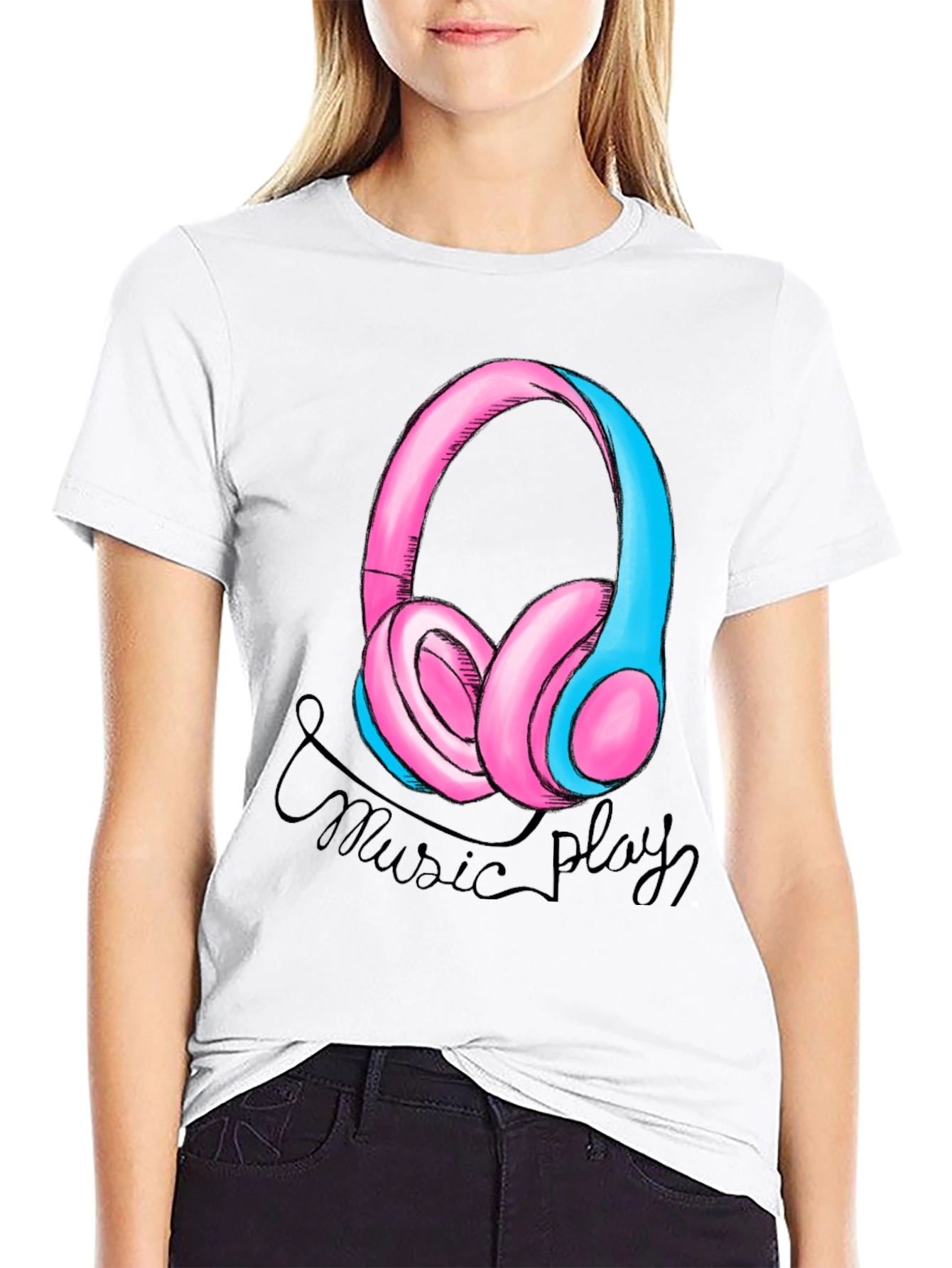 Music Play Headphones Graphic T-Shirt - Black