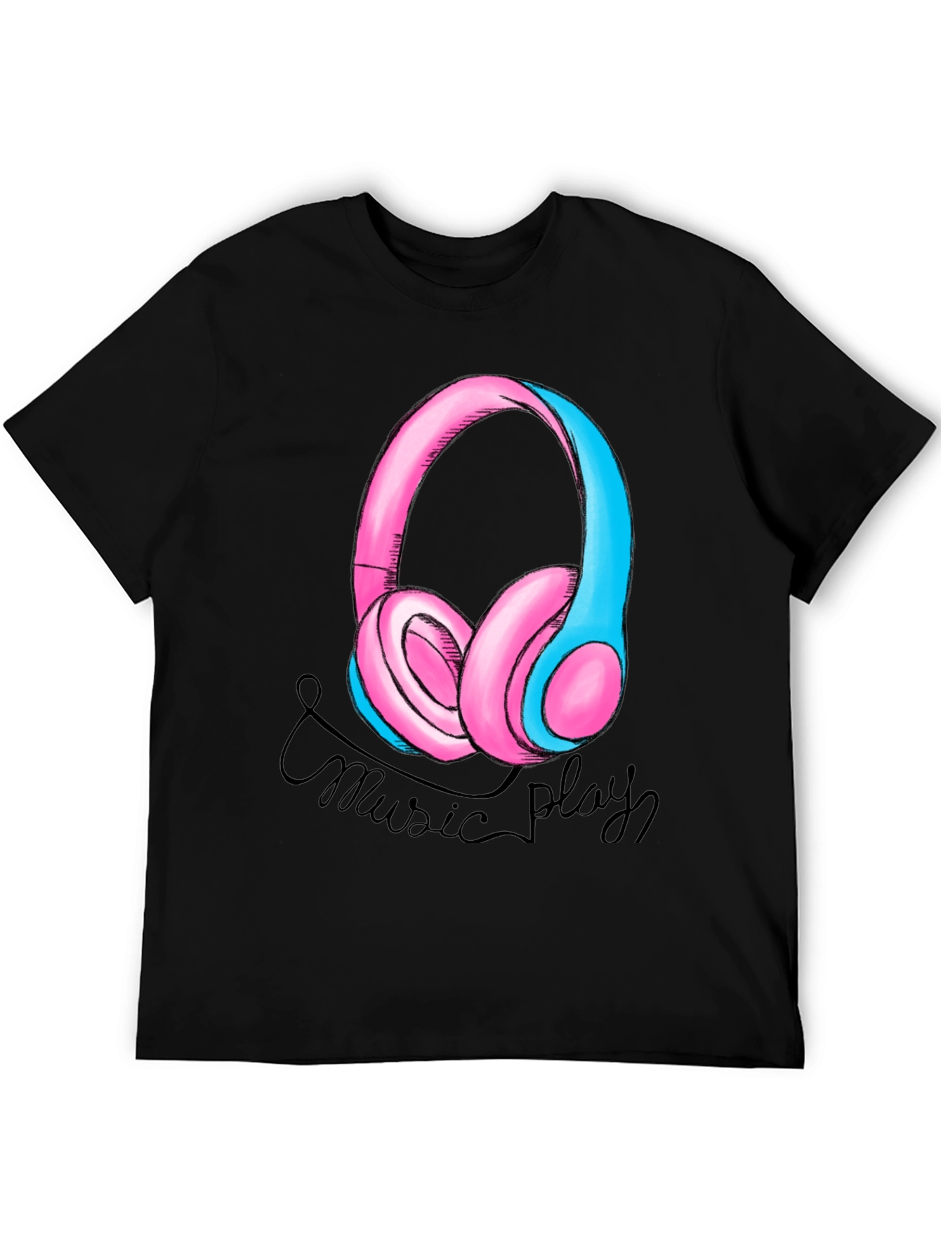 Music Play Headphones Graphic T-Shirt - Black