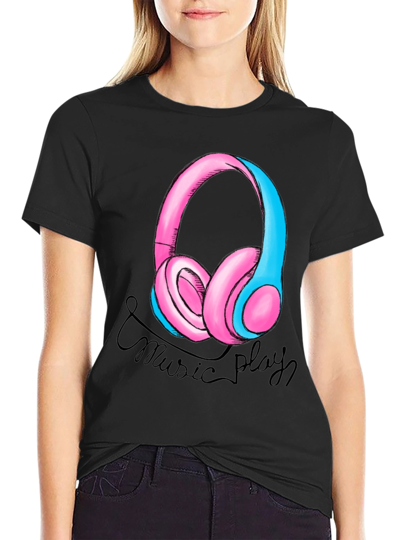 Music Play Headphones Graphic T-Shirt - Black
