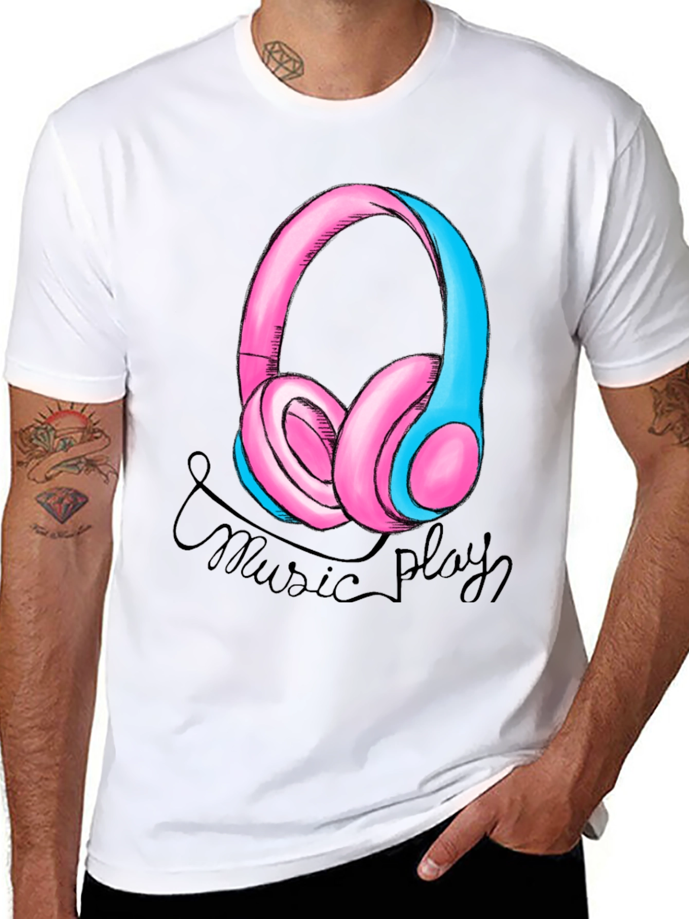 Music Play Headphones Graphic T-Shirt - Black