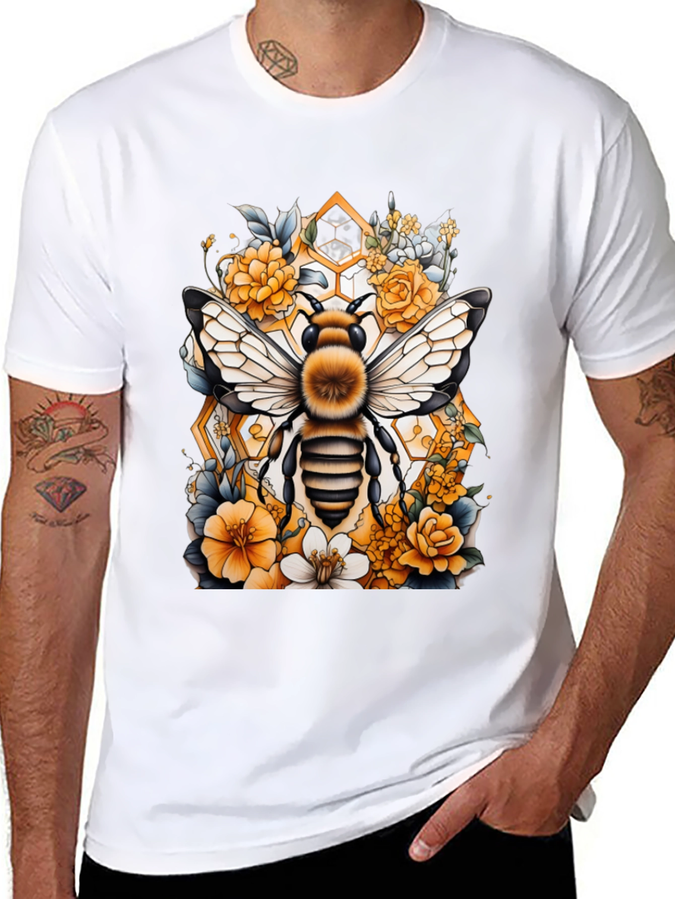 Bee & Floral Graphic Tee - Honeycomb Design