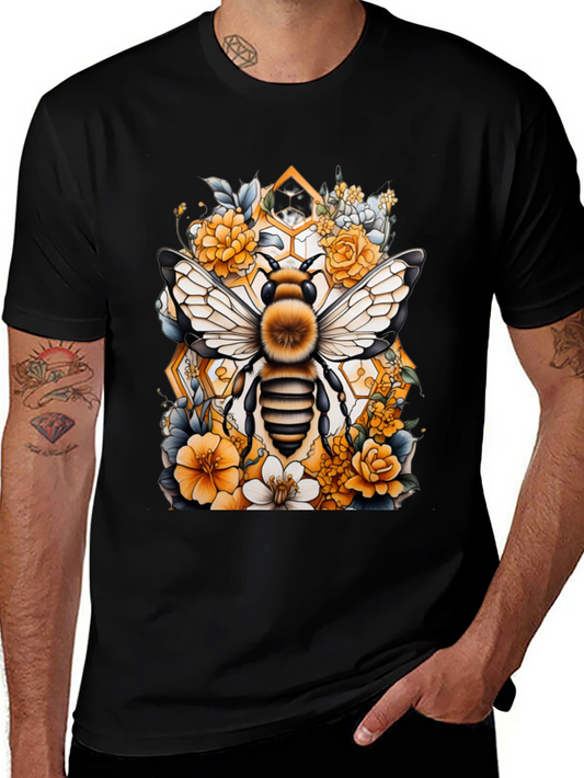 Bee & Floral Graphic Tee - Honeycomb Design