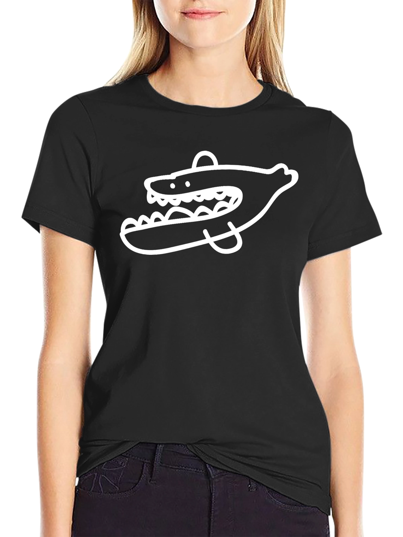 Cool Cartoon Shark Graphic Print Black T-Shirt