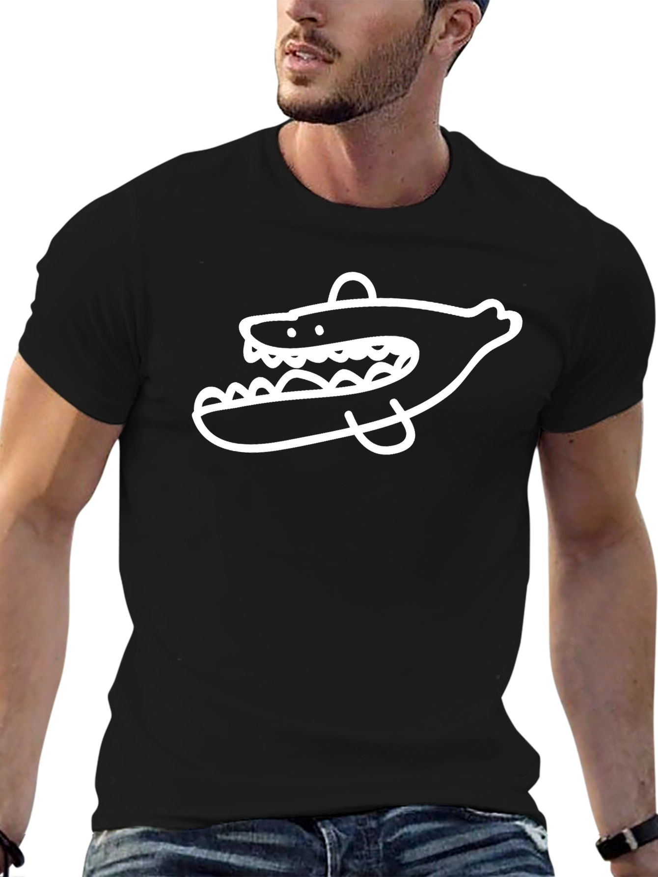 Cool Cartoon Shark Graphic Print Black T-Shirt