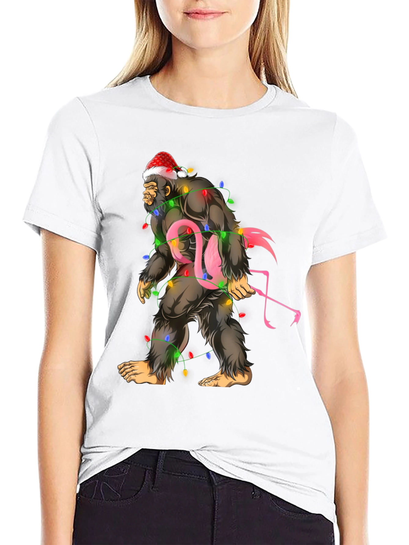 Sasquatch Flamingo Christmas Lights Graphic Tee