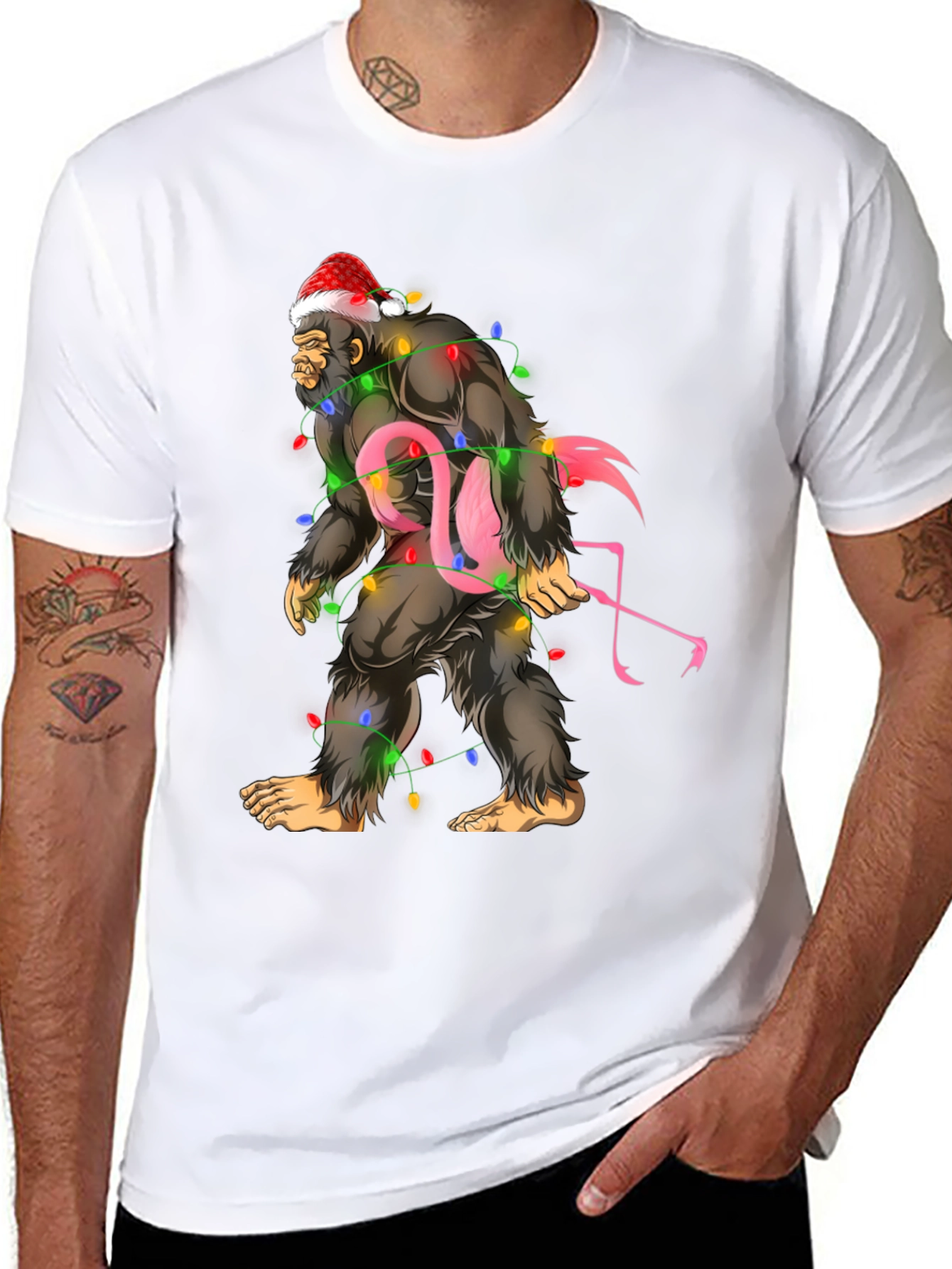 Sasquatch Flamingo Christmas Lights Graphic Tee