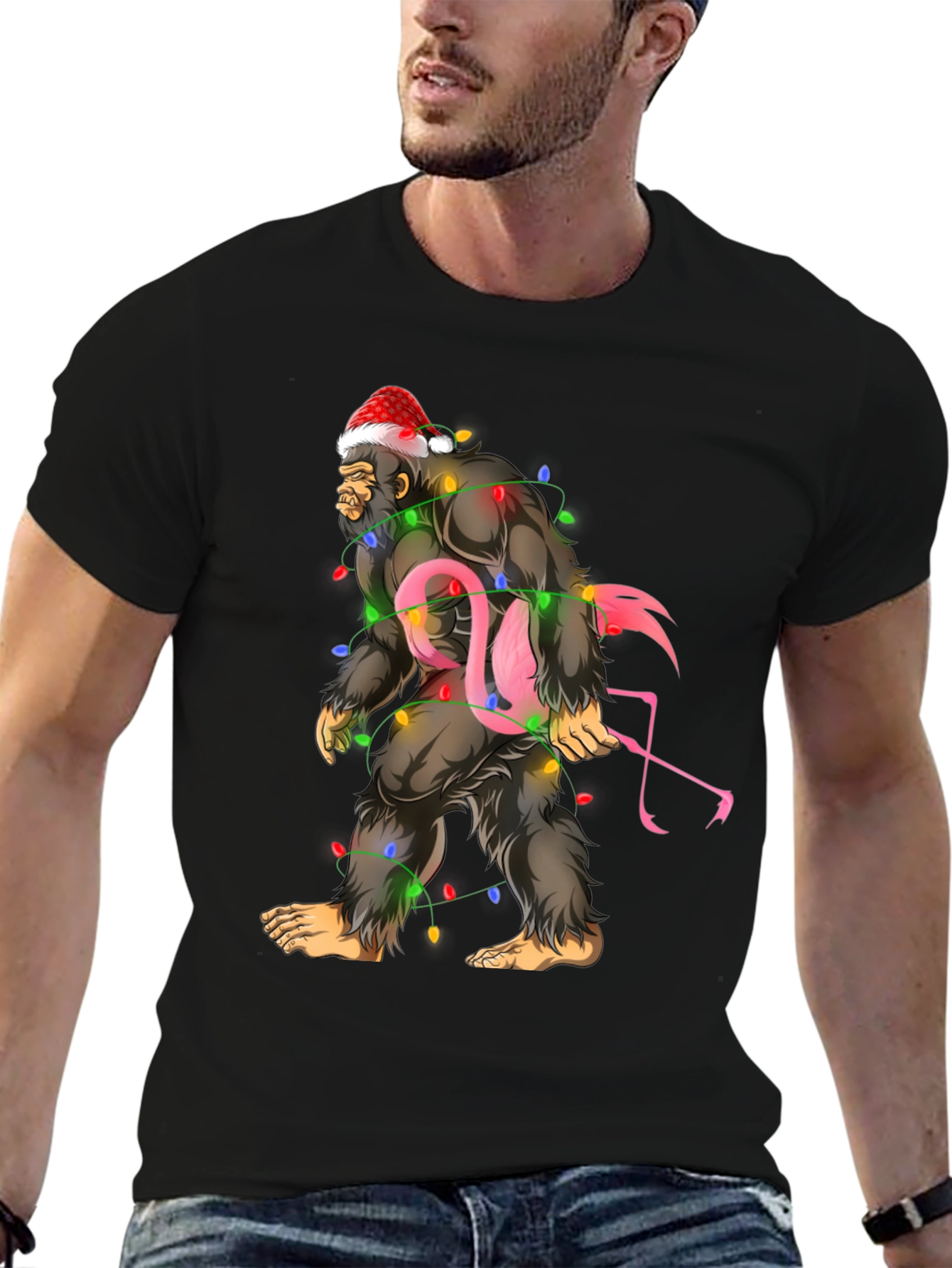 Sasquatch Flamingo Christmas Lights Graphic Tee