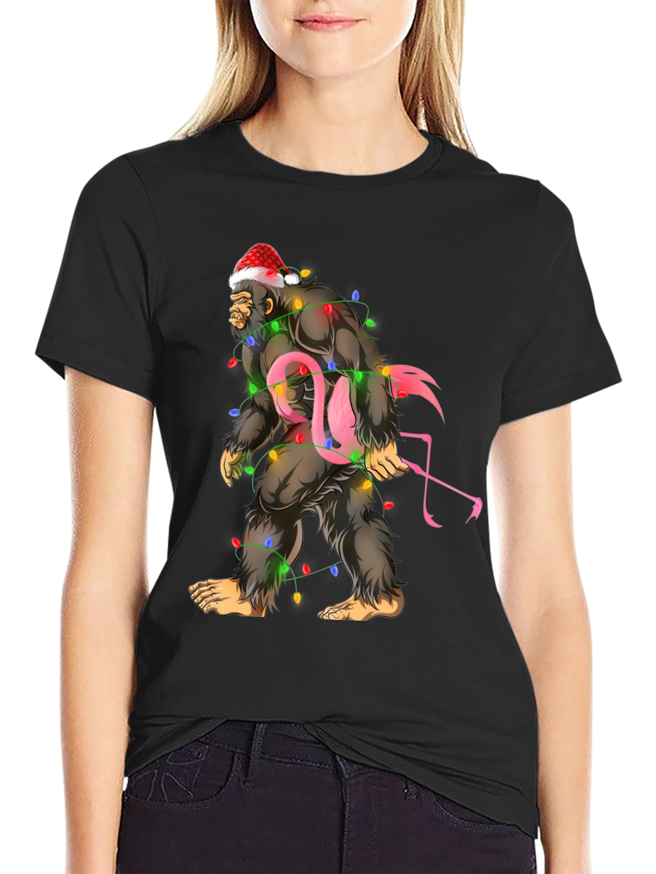 Sasquatch Flamingo Christmas Lights Graphic Tee