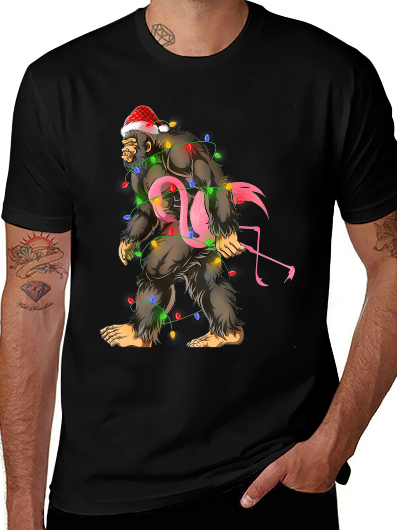 Sasquatch Flamingo Christmas Lights Graphic Tee