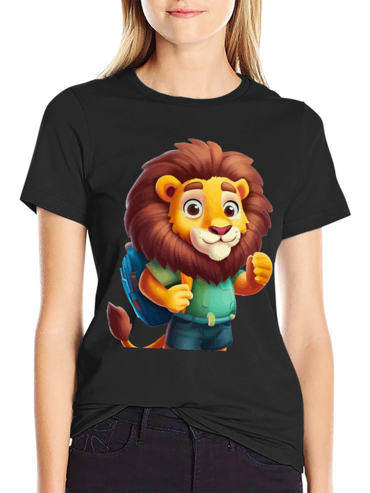 Cartoon Lion Tourist Black T-Shirt