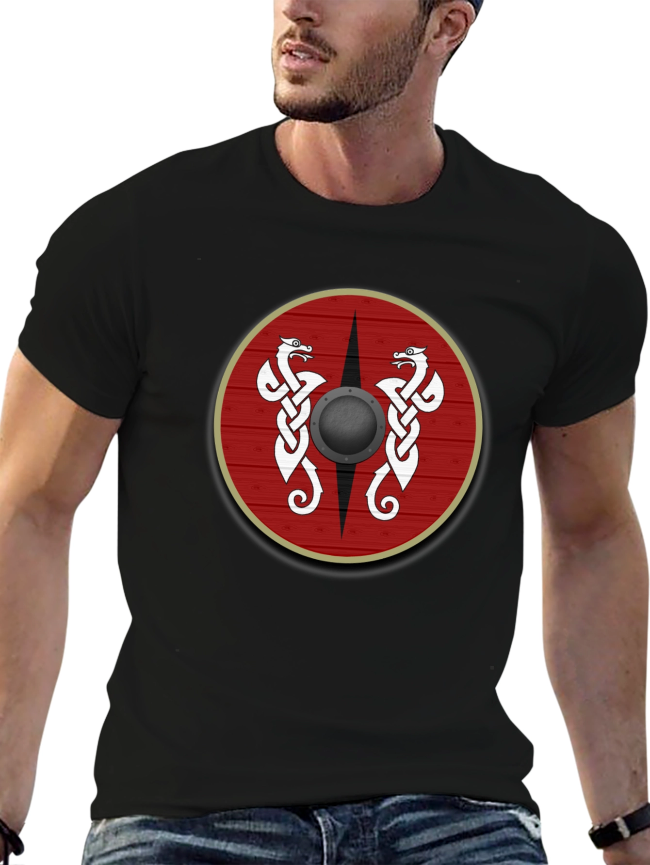 Viking Shield Graphic Tee - Celtic Dragon Design