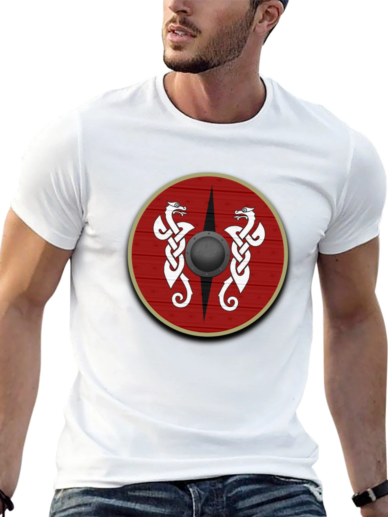 Viking Shield Graphic Tee - Celtic Dragon Design