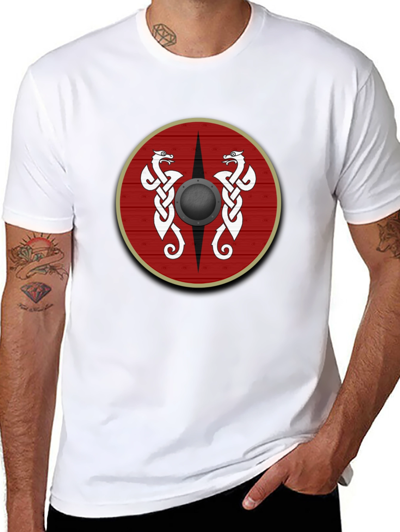 Viking Shield Graphic Tee - Celtic Dragon Design