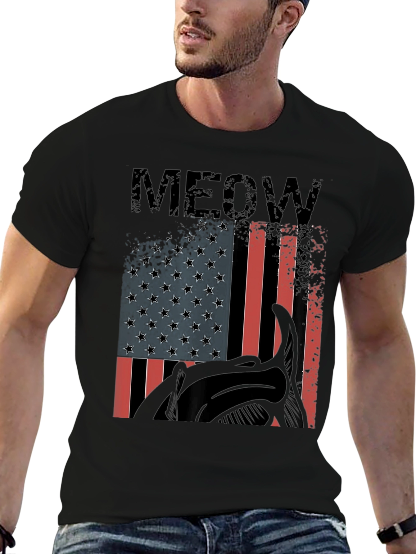 Meow American Flag Cat Graphic T-Shirt