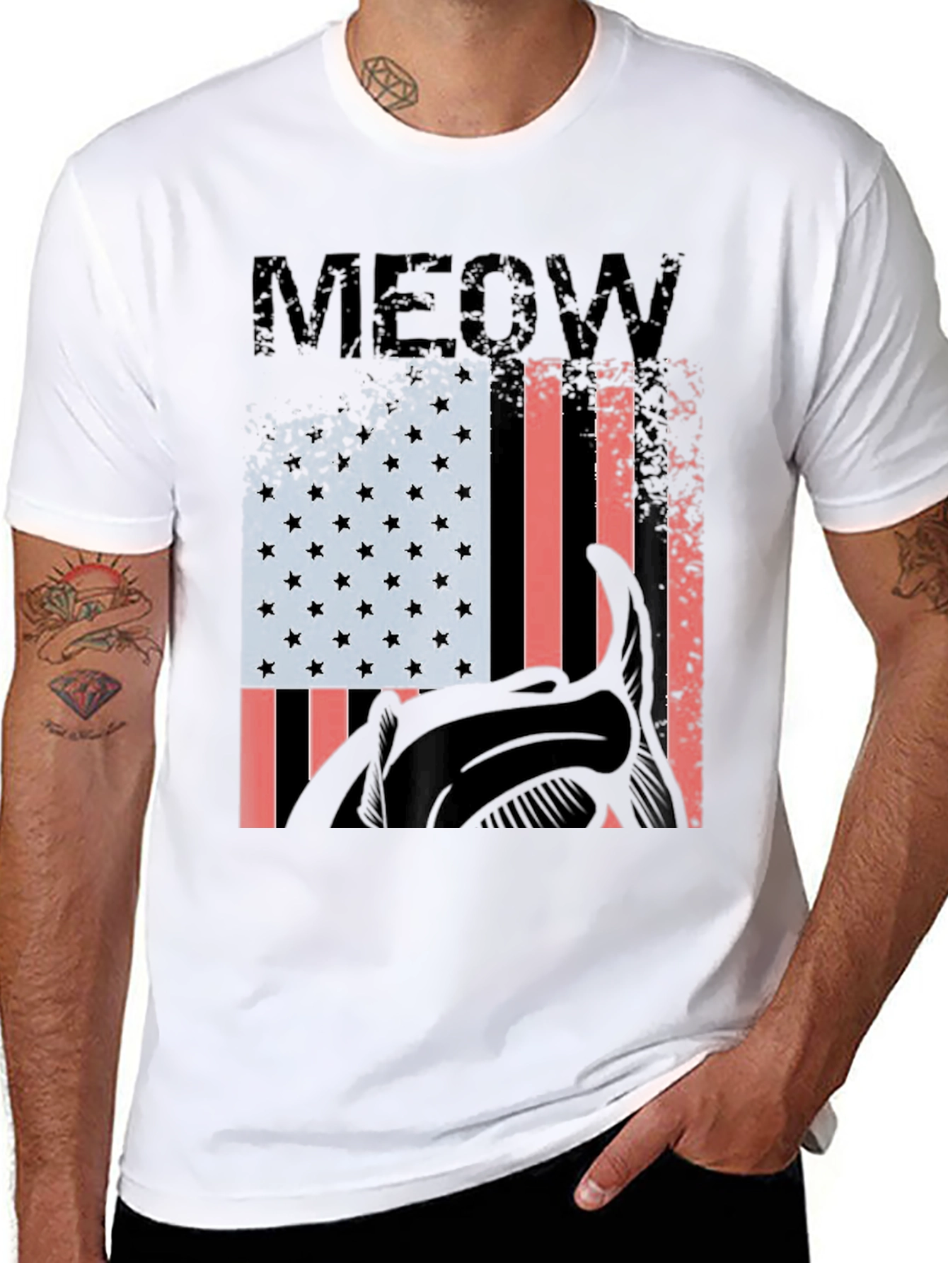 Meow American Flag Cat Graphic T-Shirt