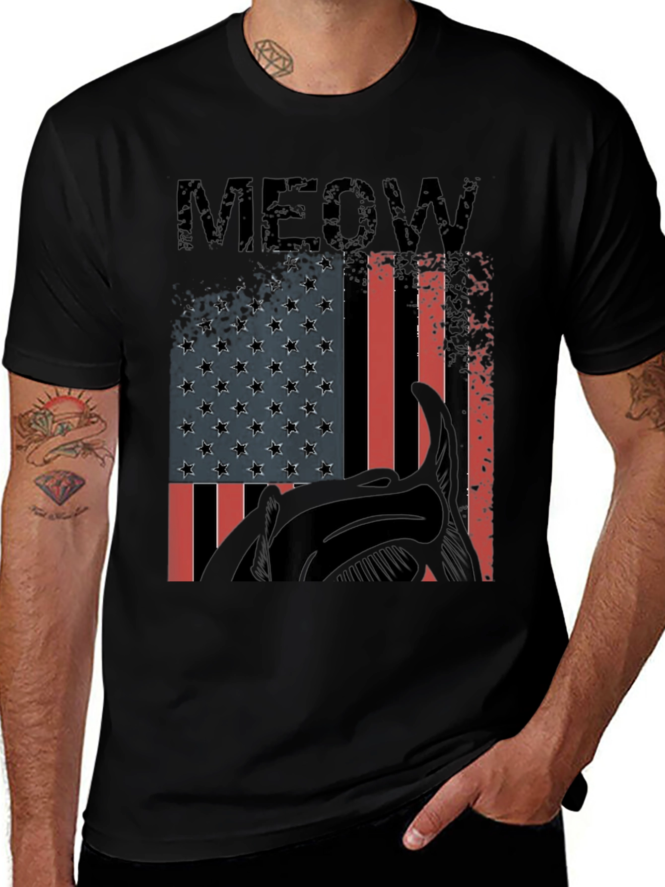 Meow American Flag Cat Graphic T-Shirt