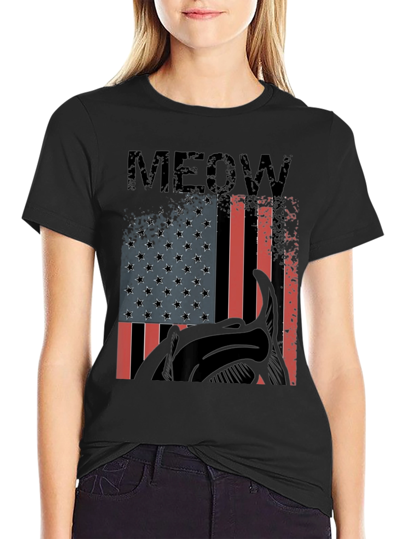 Meow American Flag Cat Graphic T-Shirt