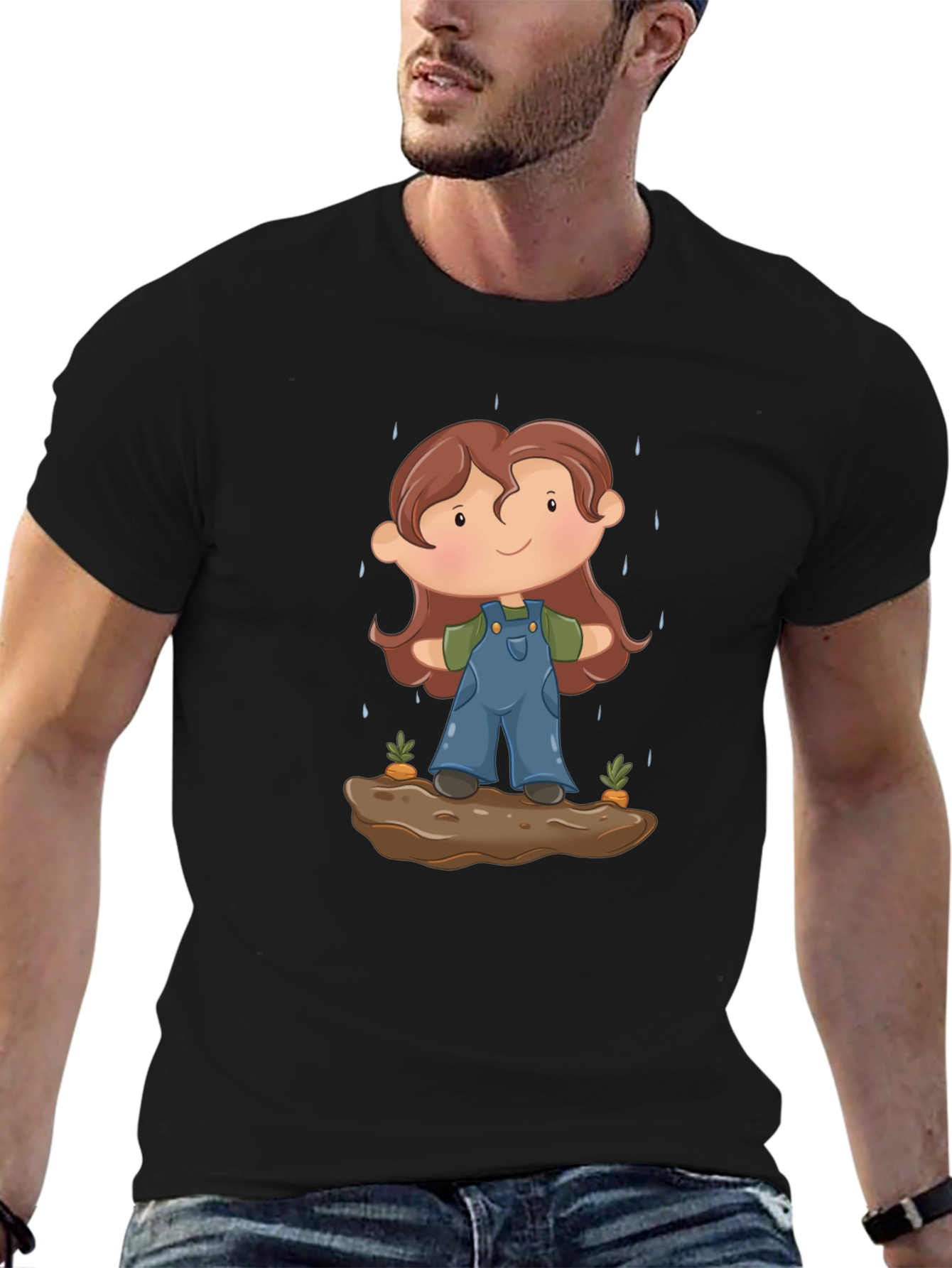 Cartoon Gardener T-Shirt - Black Cotton Tee