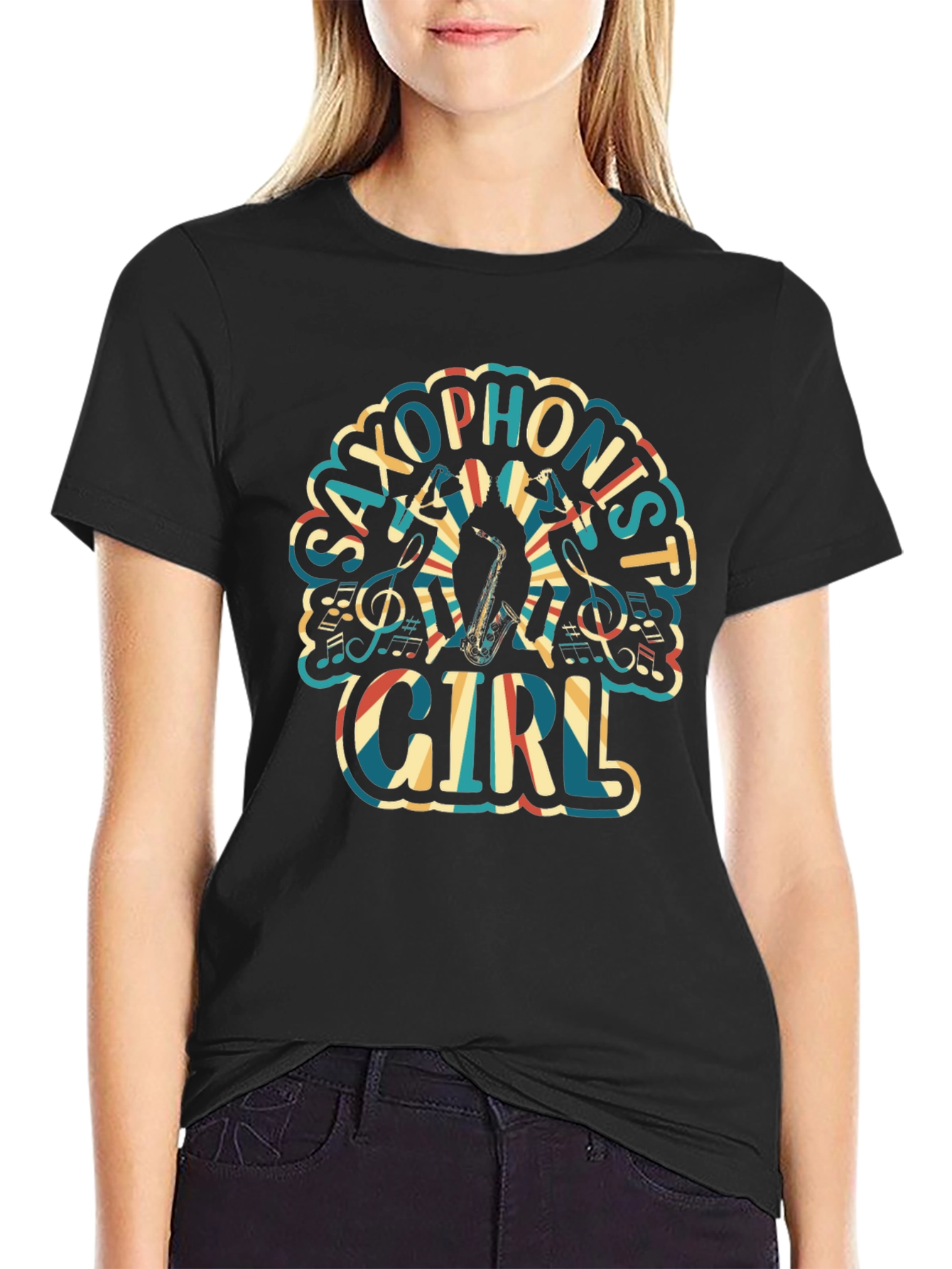 Saxophonist Girl Graphic Tee - Unisex Black T-Shirt