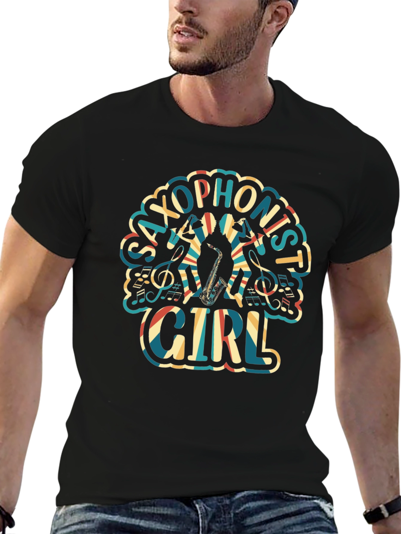Saxophonist Girl Graphic Tee - Unisex Black T-Shirt