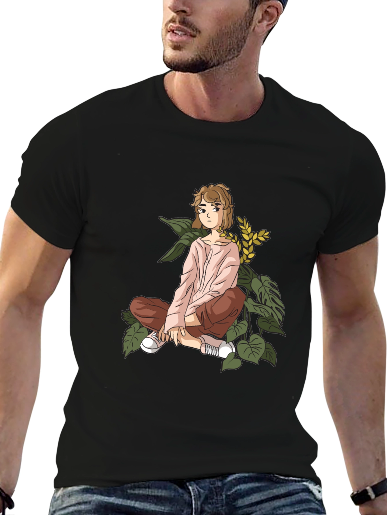 Anime Girl Print Black Cotton Tee