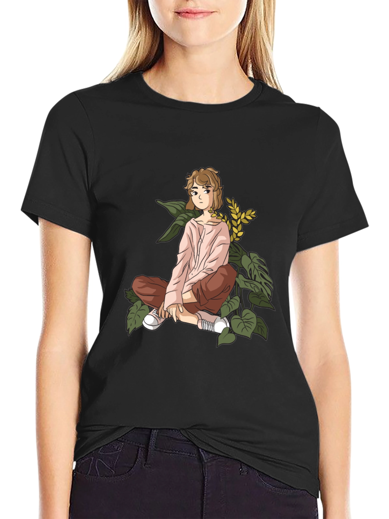 Anime Girl Print Black Cotton Tee