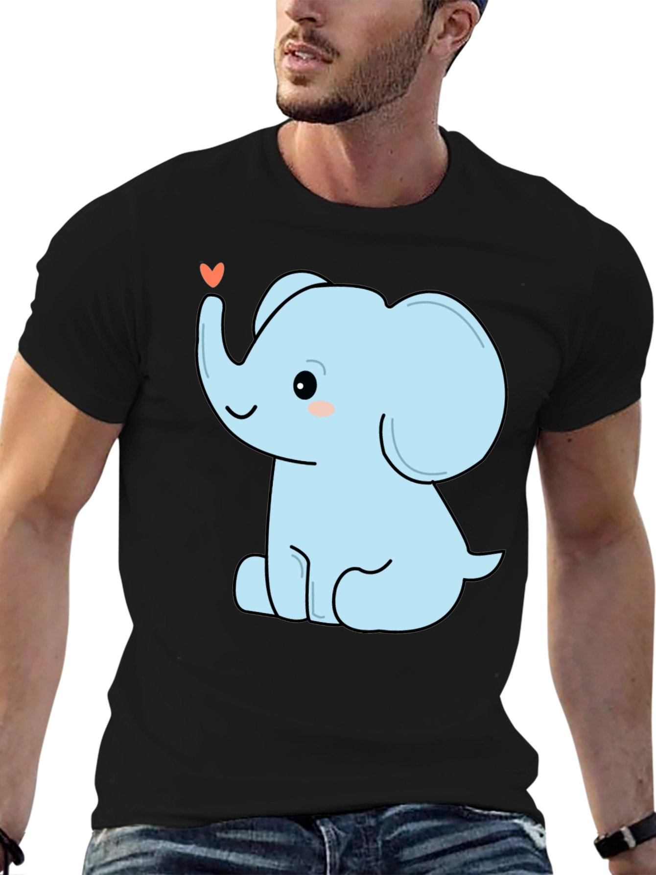 Cute Elephant Heart Graphic Tee - Black Cotton T-Shirt