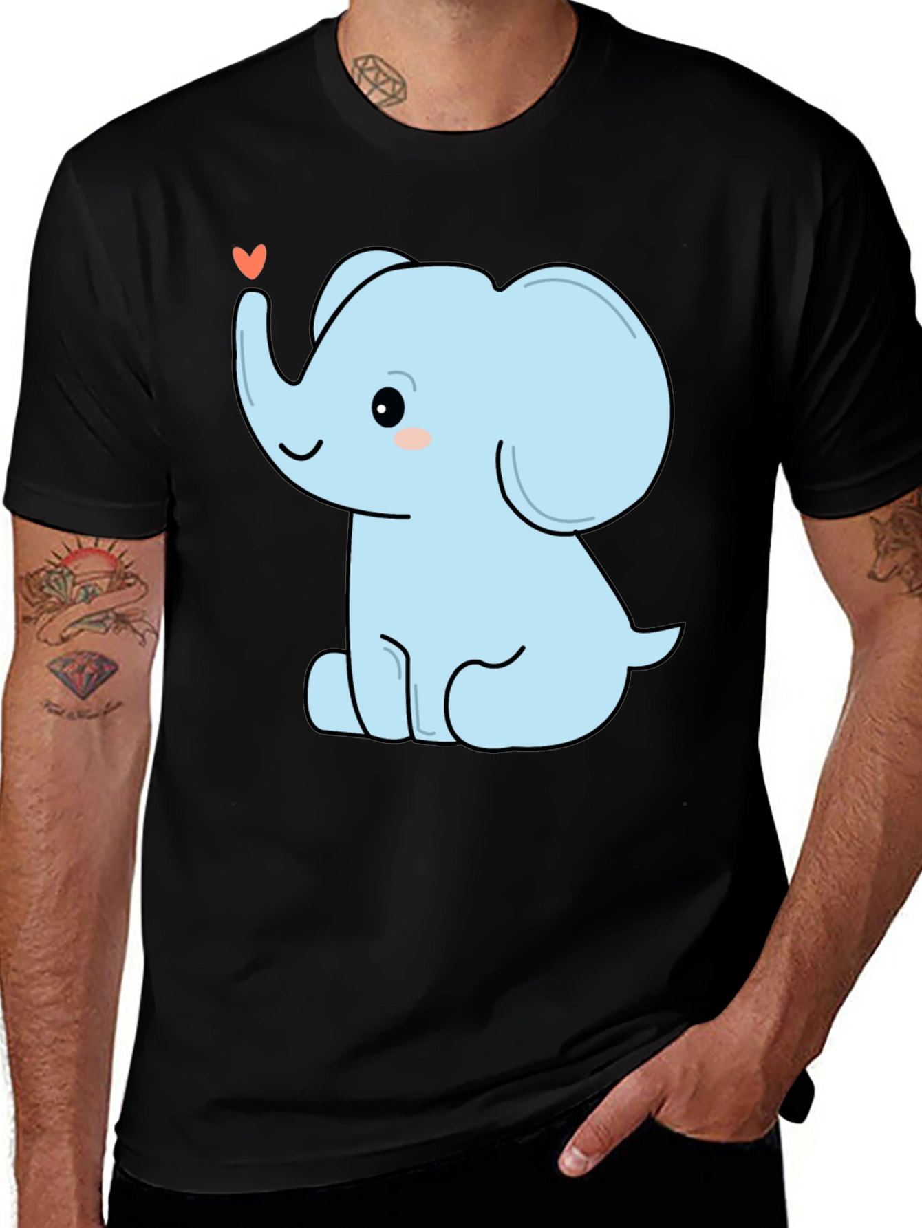 Cute Elephant Heart Graphic Tee - Black Cotton T-Shirt