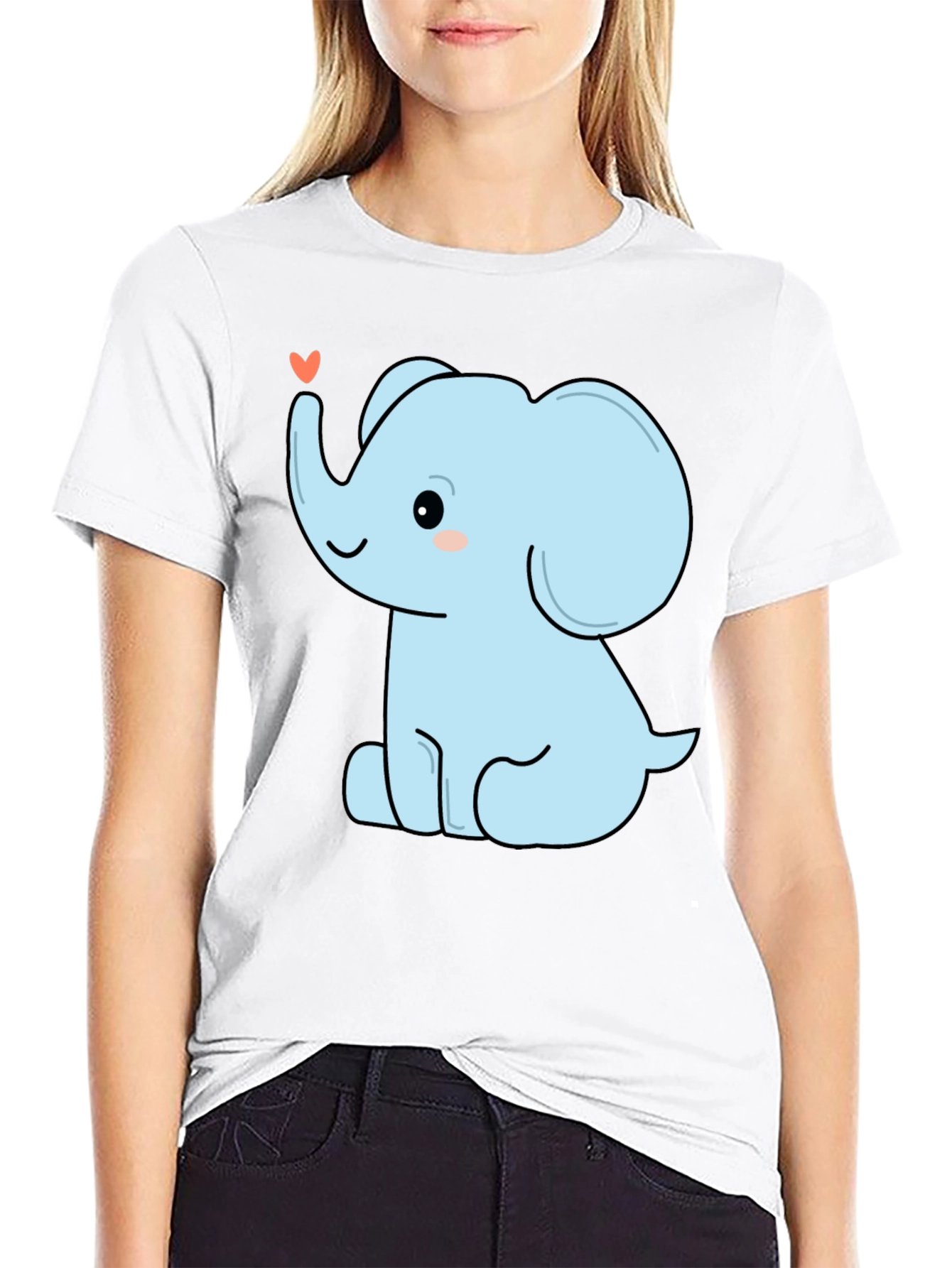 Cute Elephant Heart Graphic Tee - Black Cotton T-Shirt