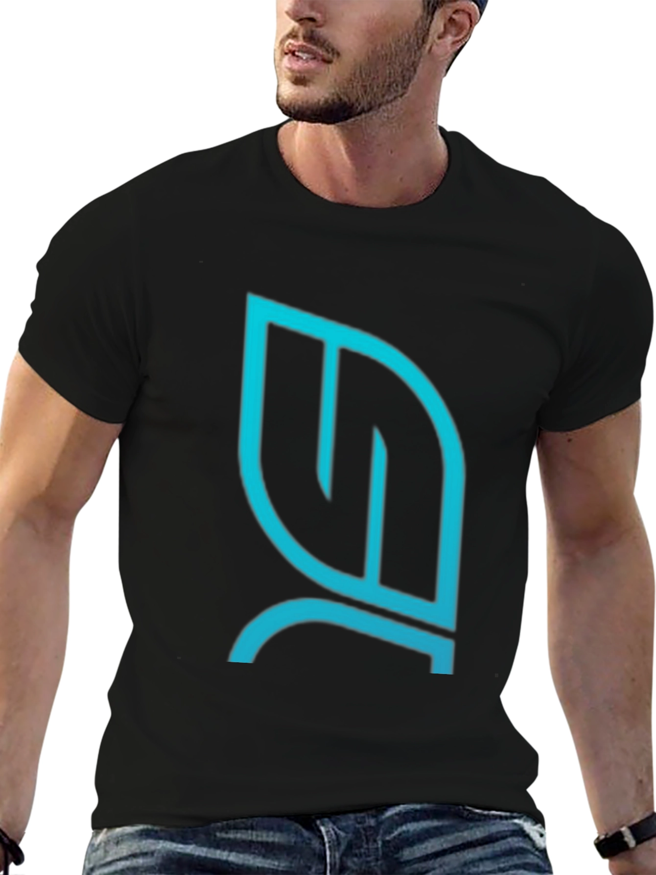 Modern Teal Leaf Logo Black T-Shirt