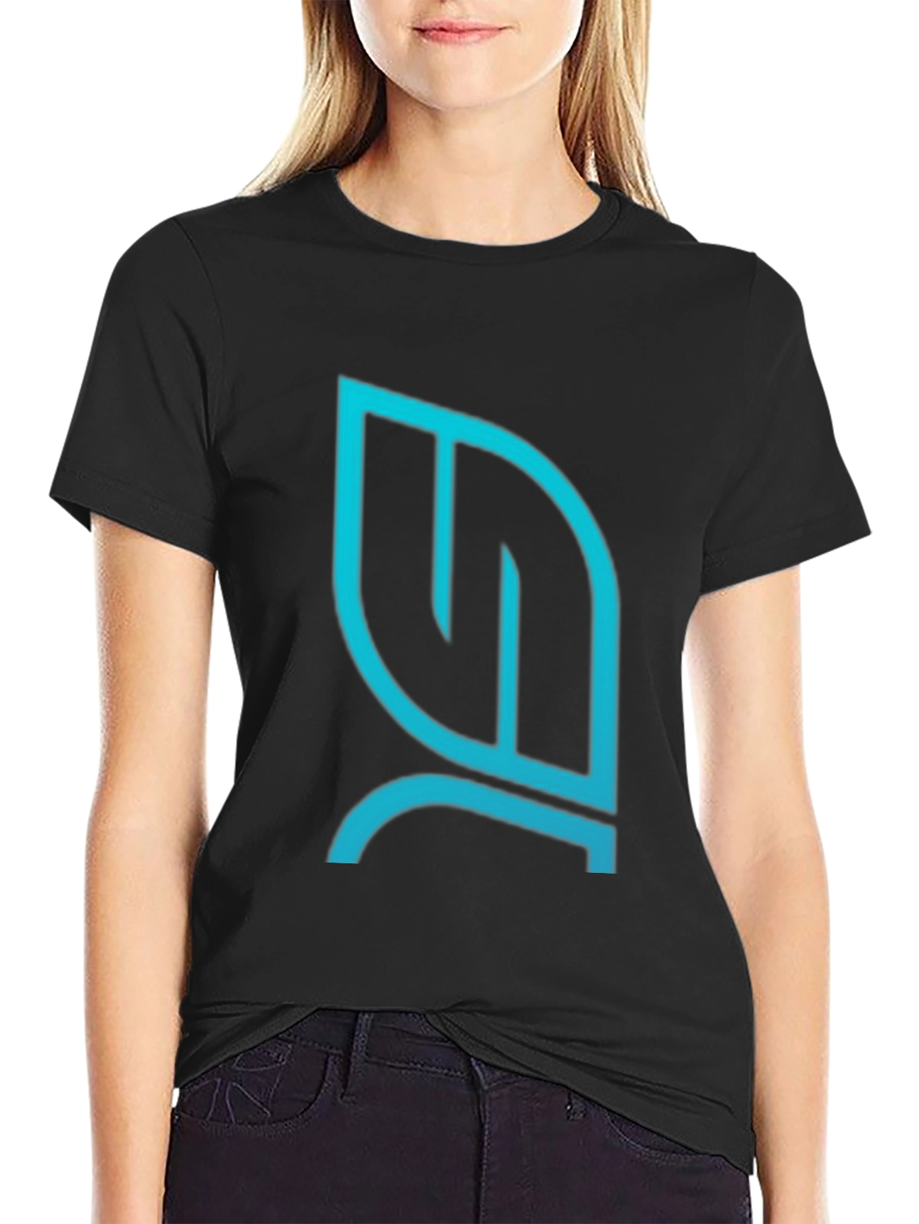 Modern Teal Leaf Logo Black T-Shirt