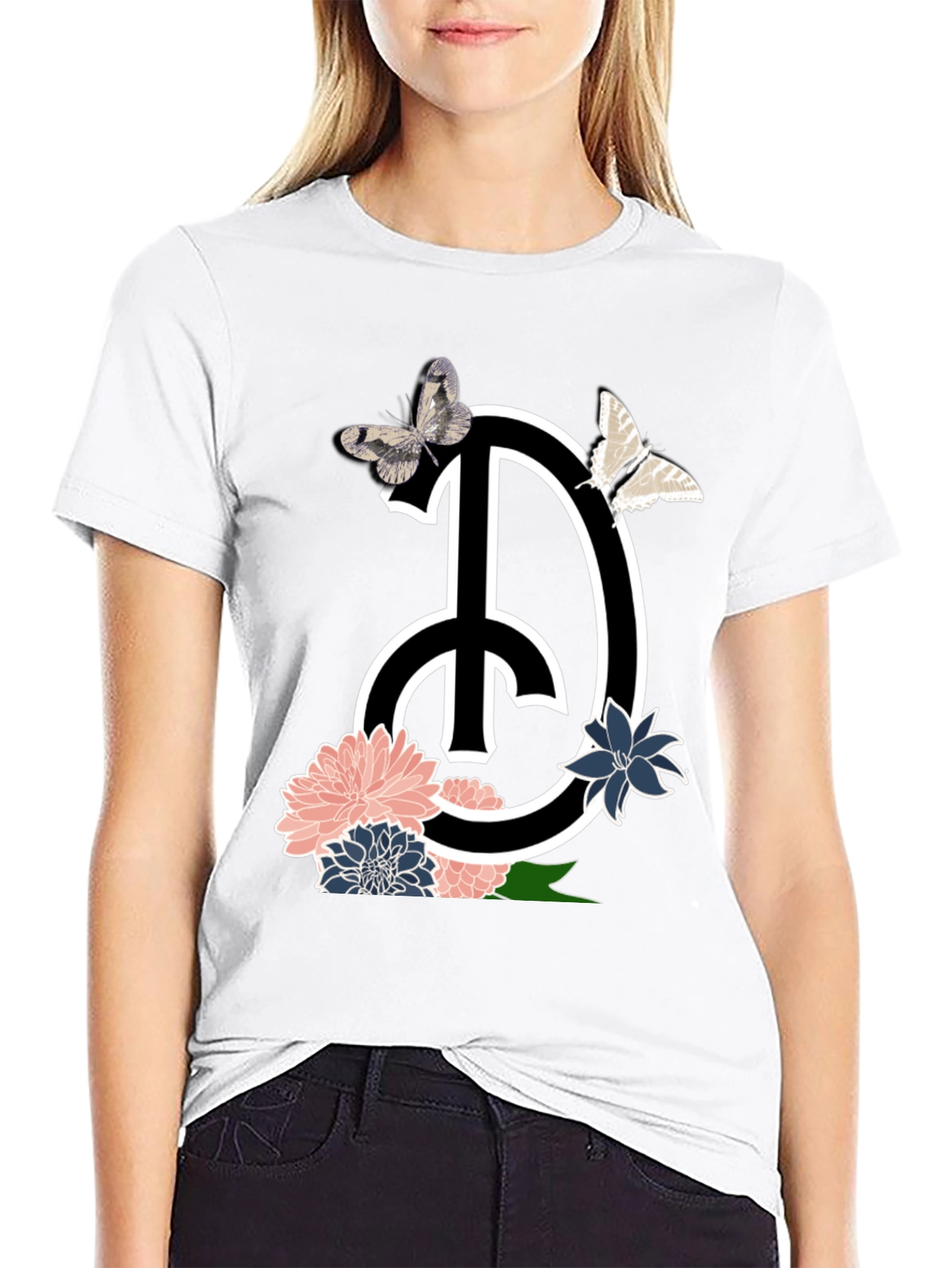Peace Sign Floral Butterfly Graphic T-Shirt