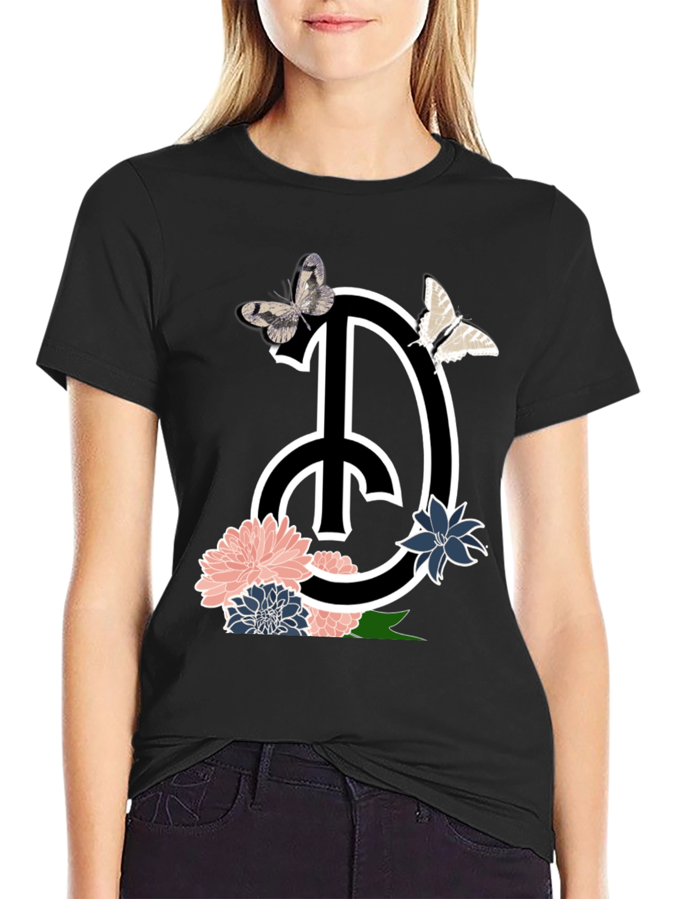 Peace Sign Floral Butterfly Graphic T-Shirt