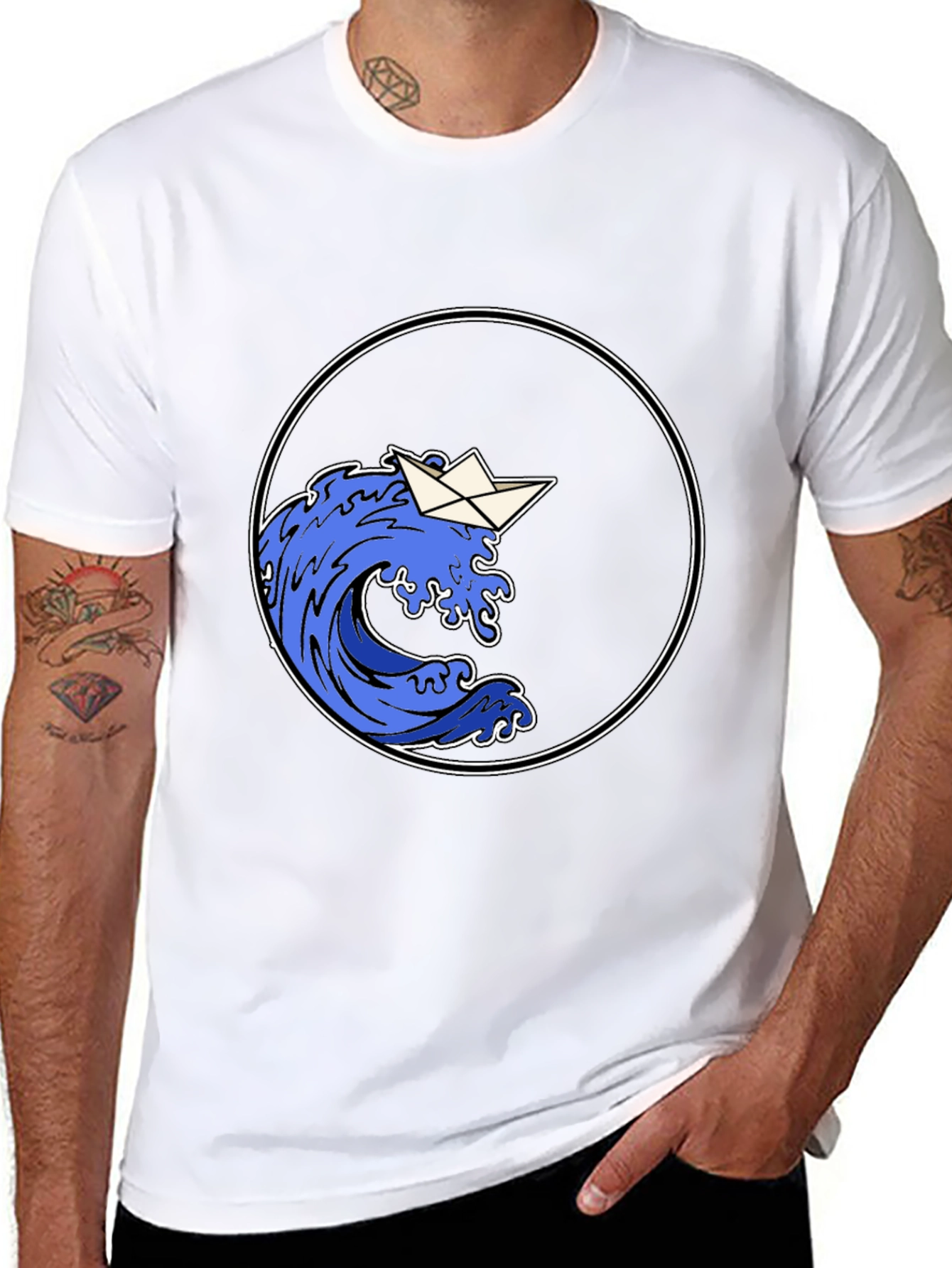 Paper Boat Wave Graphic Black T-Shirt