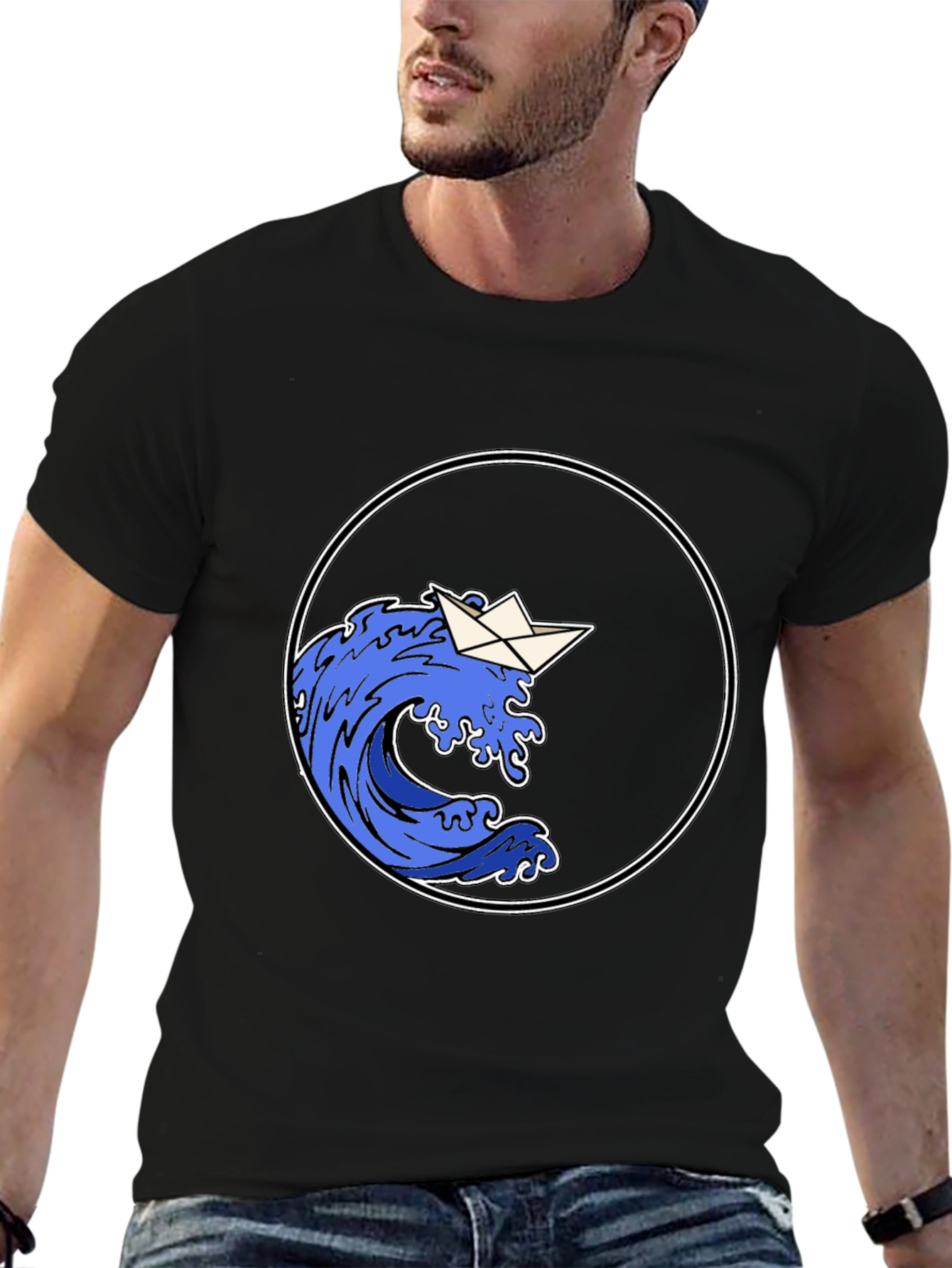 Paper Boat Wave Graphic Black T-Shirt