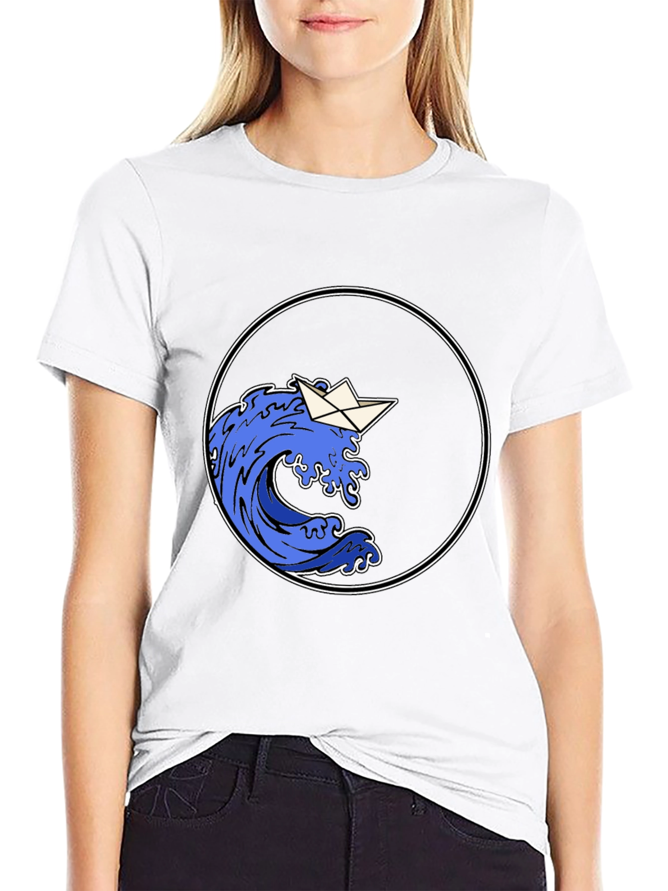 Paper Boat Wave Graphic Black T-Shirt