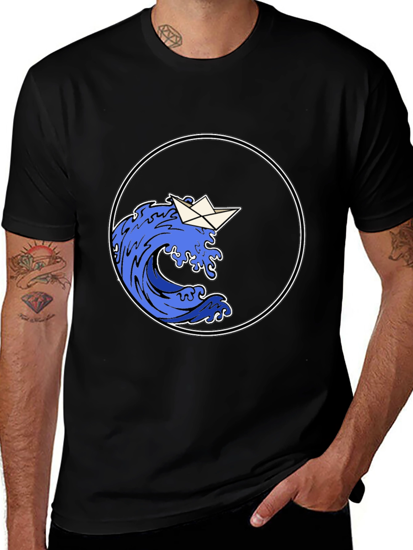 Paper Boat Wave Graphic Black T-Shirt
