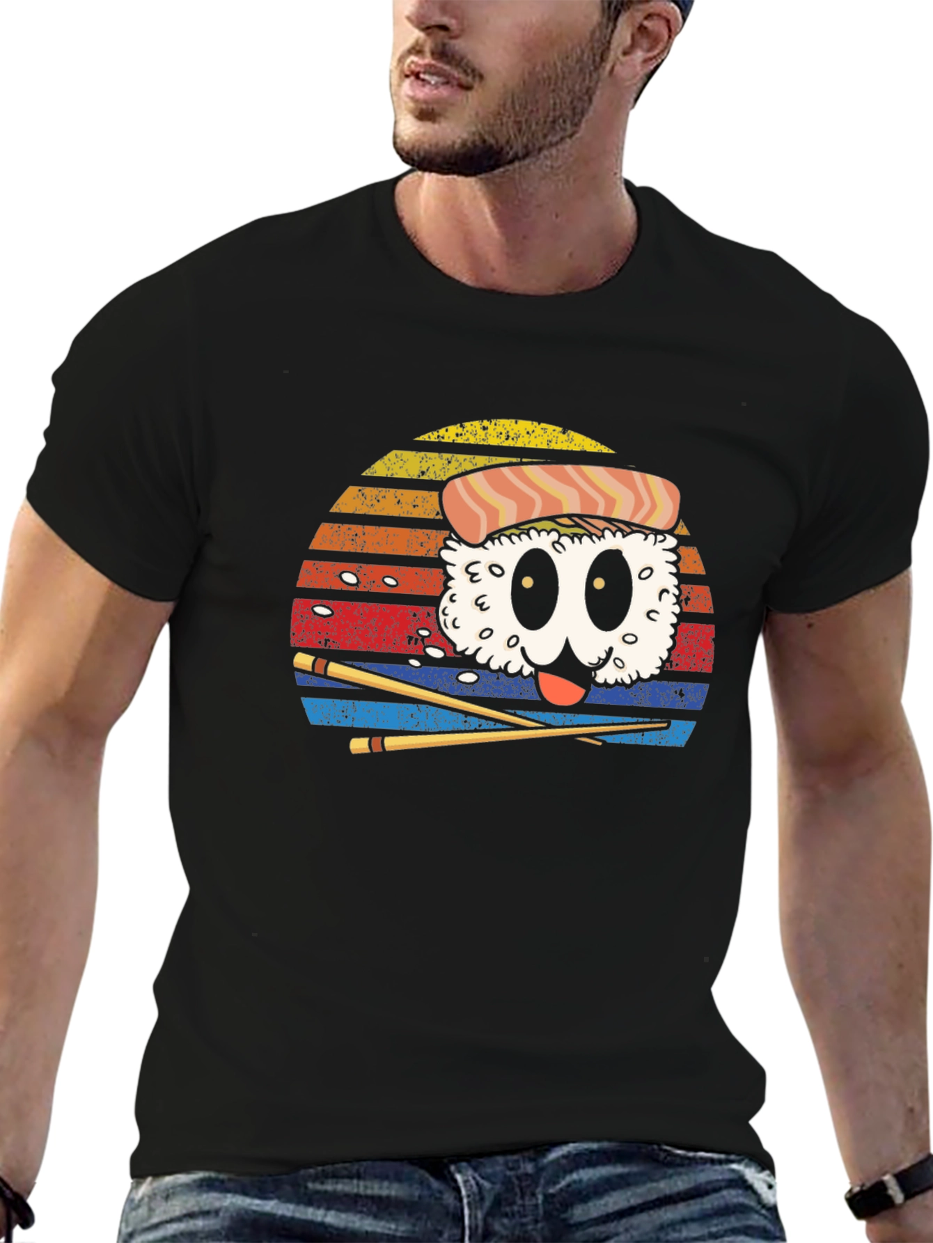 Sushi Cartoon Graphic Black T-Shirt