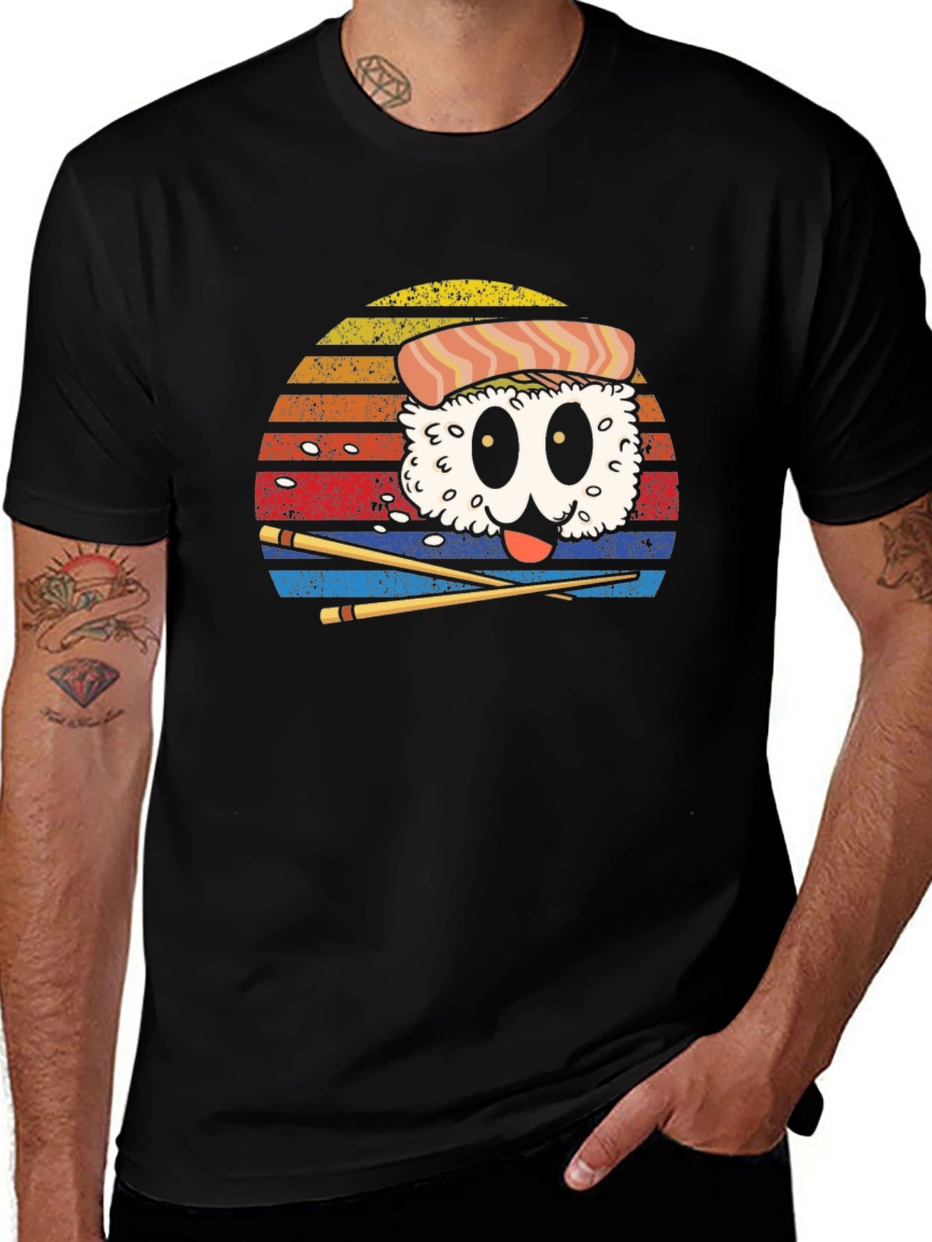 Sushi Cartoon Graphic Black T-Shirt