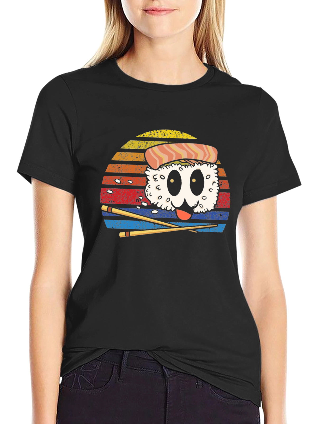 Sushi Cartoon Graphic Black T-Shirt