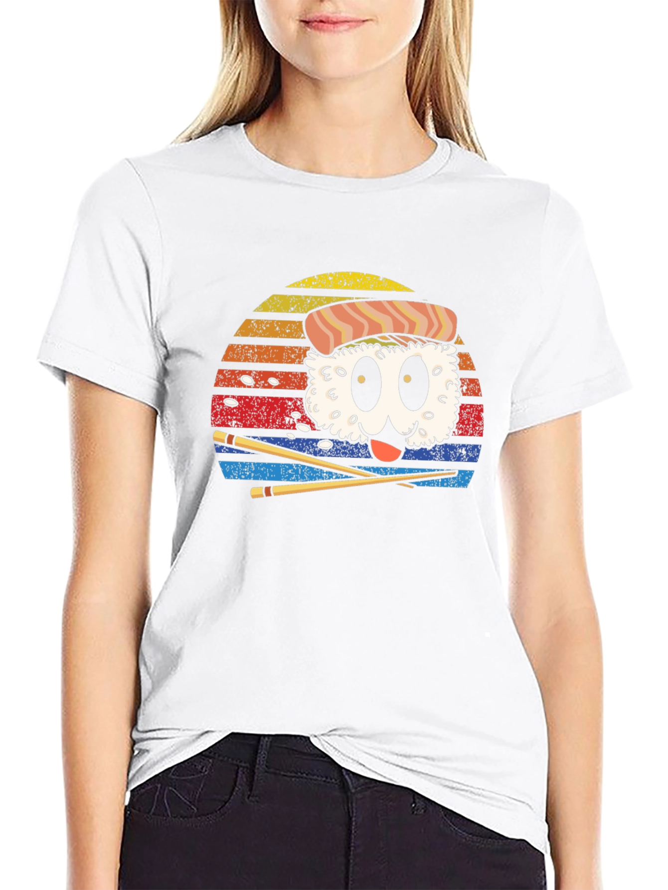 Sushi Cartoon Graphic Black T-Shirt