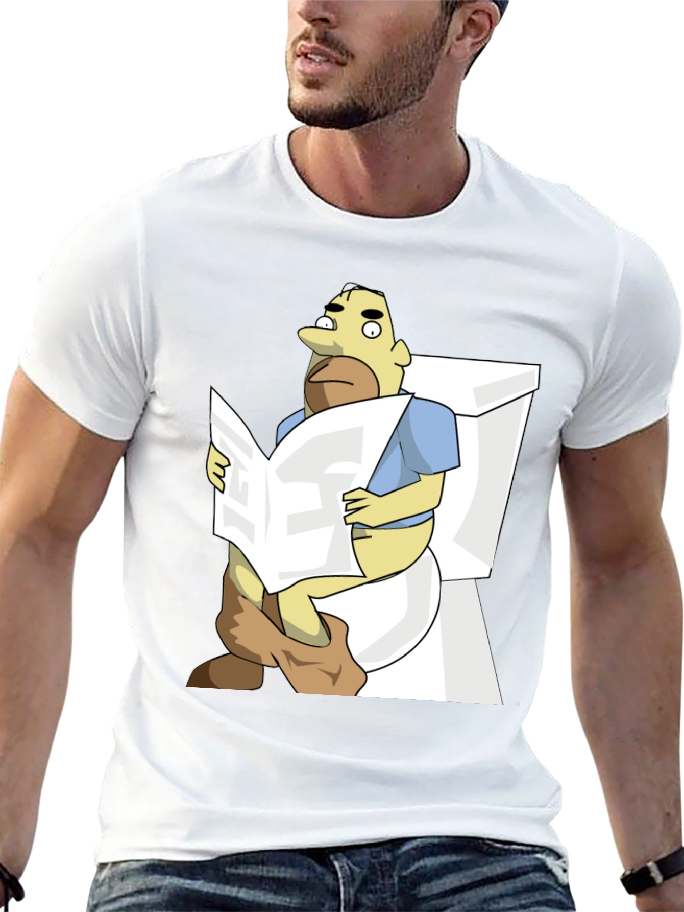Humorous Cartoon Man on Toilet T-Shirt