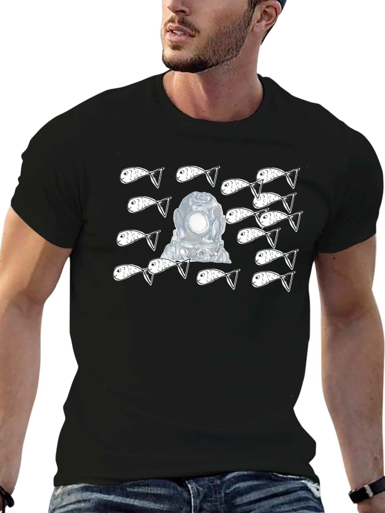 Diver & Fish Graphic Tee - Black