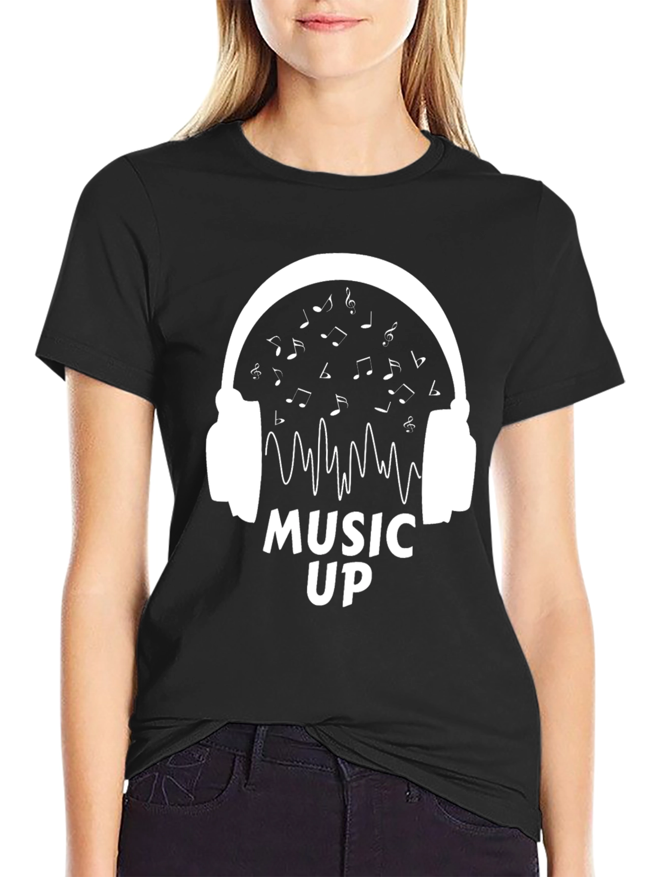 Music Up Headphones Graphic Tee - Black Cotton Shirt