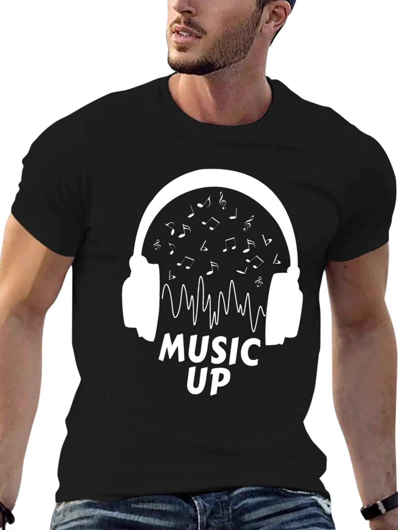 Music Up Headphones Graphic Tee - Black Cotton Shirt